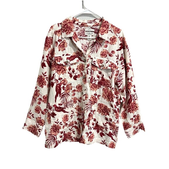 Rachel Zoe Jackets & Blazers - Rachel Zoe Button Up Linen Floral Bird Print Shirt Blouse Women L Missing Belt